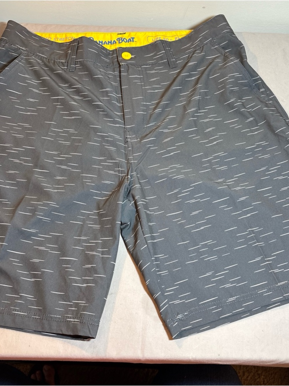 Men's Gray Patterned Swim Trunks with Yellow Accents 389